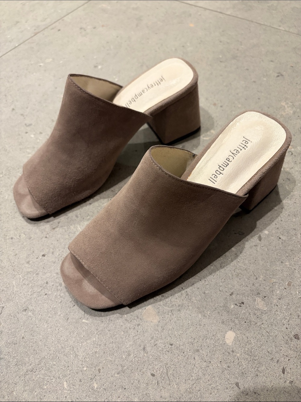 Jeffrey Campbell Taupe Suede Open-Toe Block Heel Mules